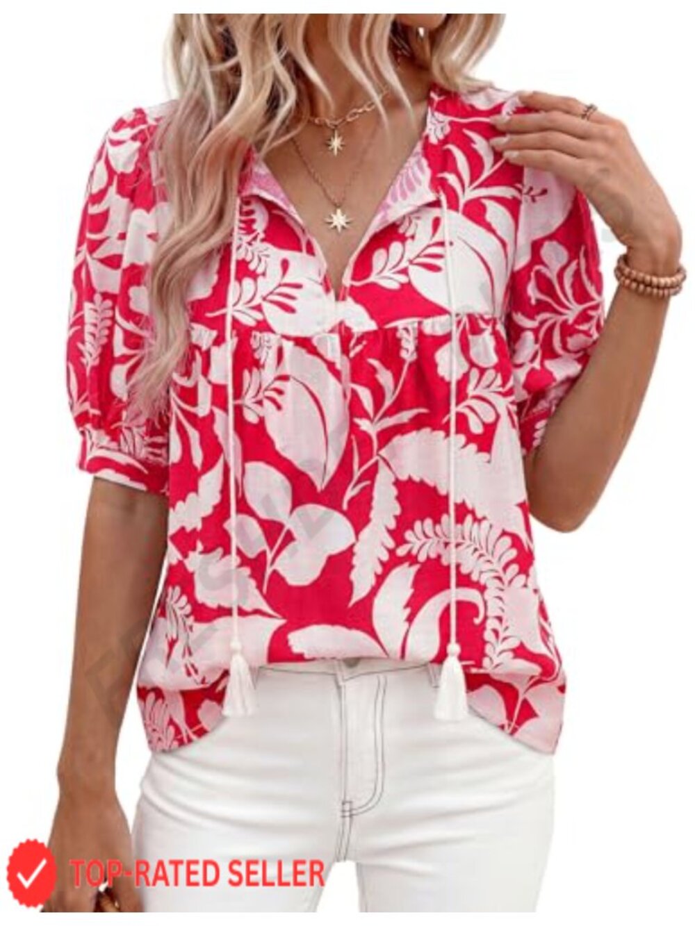 Womens Boho Blouse V-Neck Puff Sleeve Tie Front Floral Top Casual